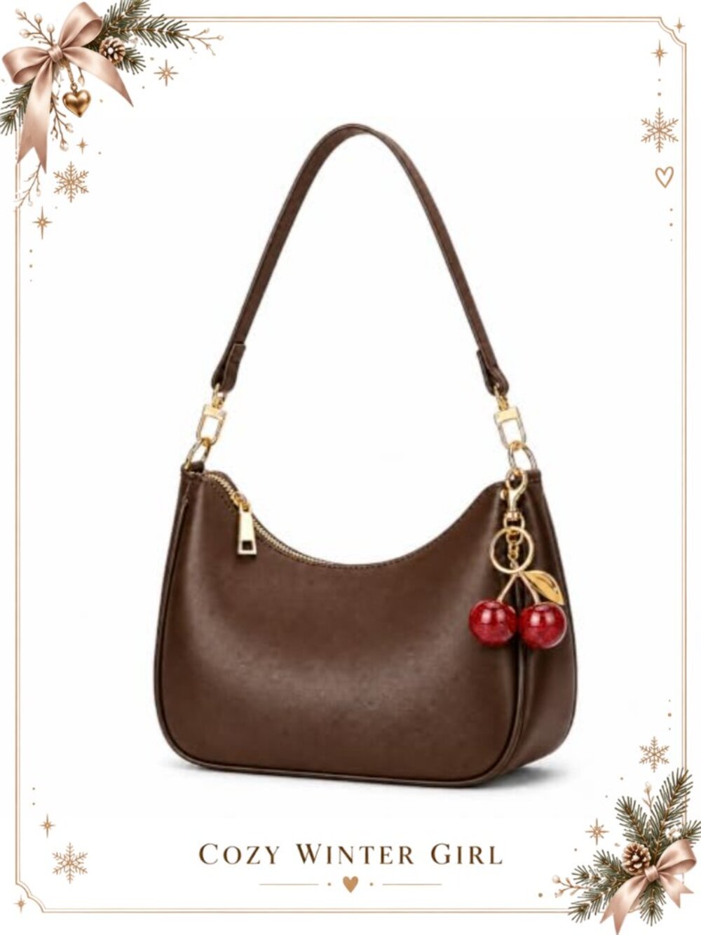 PU Leather Hobo Shoulder Bag with Strap and Cherry Charm Women's Handbag